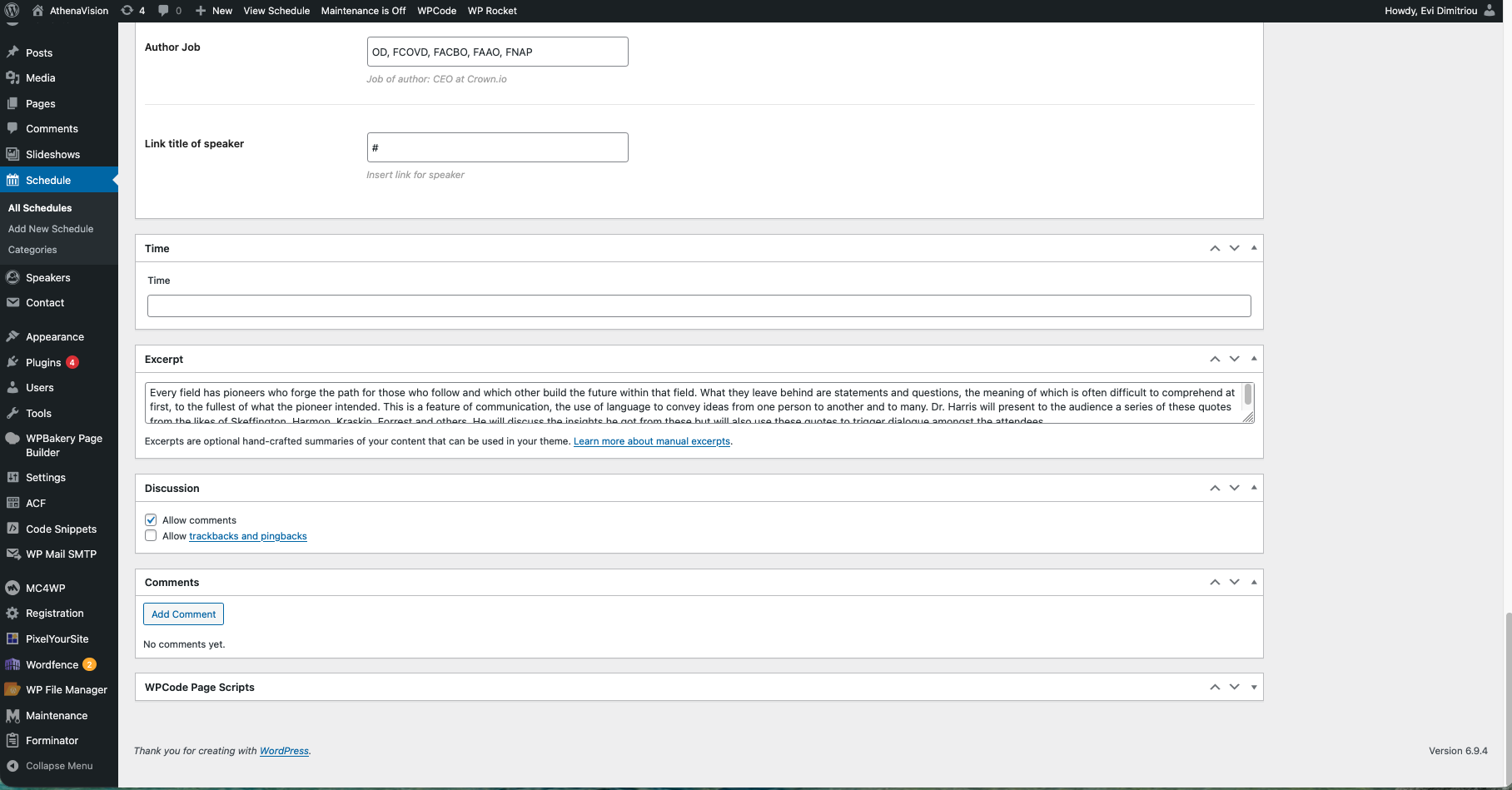 Time και Excerpt πεδία